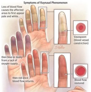 Diagram illustrating the three phases of Raynaud's phenomenon, showing how blood flow is restricted and then returns.